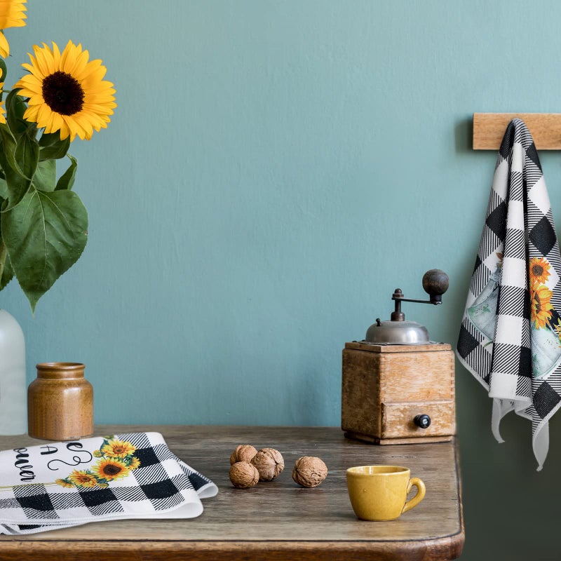 Kajaia 4 Pcs Bee Sunflower Kitchen Towels Summer Gnome Dish Towels Watermelon Lemon Tea Towels Sunshine Hand Towels Absorbent Plaid Towels for Holiday Bathroom Housewarming Gifts(Sunflower) - Image 2