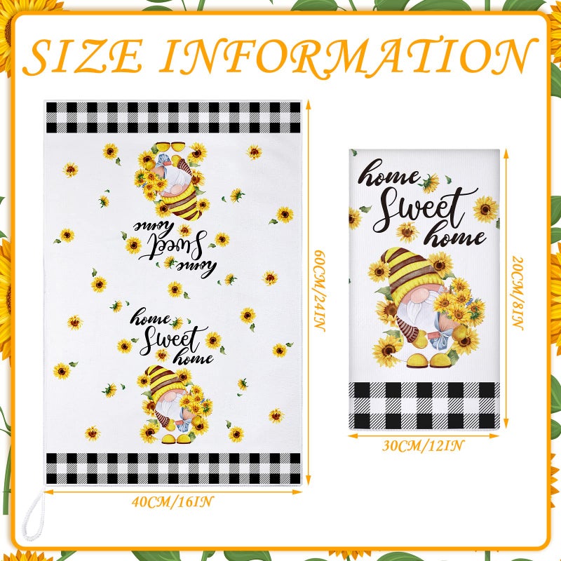 Kajaia 4 Pcs Bee Sunflower Kitchen Towels Summer Gnome Dish Towels Watermelon Lemon Tea Towels Sunshine Hand Towels Absorbent Plaid Towels for Holiday Bathroom Housewarming Gifts(Sunflower) - Image 3
