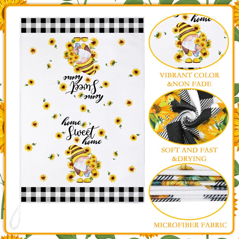 Kajaia 4 Pcs Bee Sunflower Kitchen Towels Summer Gnome Dish Towels Watermelon Lemon Tea Towels Sunshine Hand Towels Absorbent Plaid Towels for Holiday Bathroom Housewarming Gifts(Sunflower) - Image 5