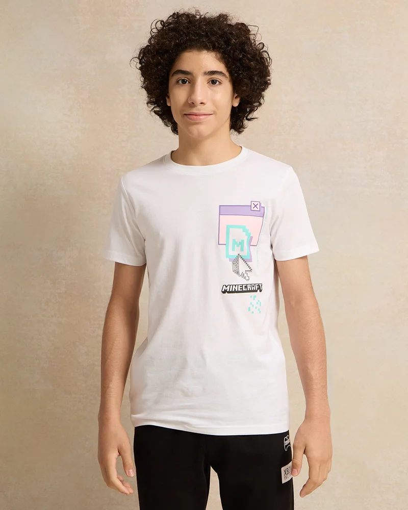 Redtag Senior Boys White Digital Minecraft T-Shirt