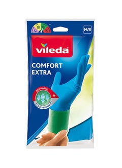 Vileda Vileda Comfort Extra Reusable Rubber Gloves M, Latex,  Absorbent Interior, Protects Your Skin, Blue & Green, Medium Size (1 Pair Per Pack)  - Image 1
