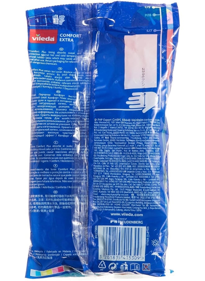 Vileda Vileda Comfort Extra Reusable Rubber Gloves M, Latex,  Absorbent Interior, Protects Your Skin, Blue & Green, Medium Size (1 Pair Per Pack)  - Image 3
