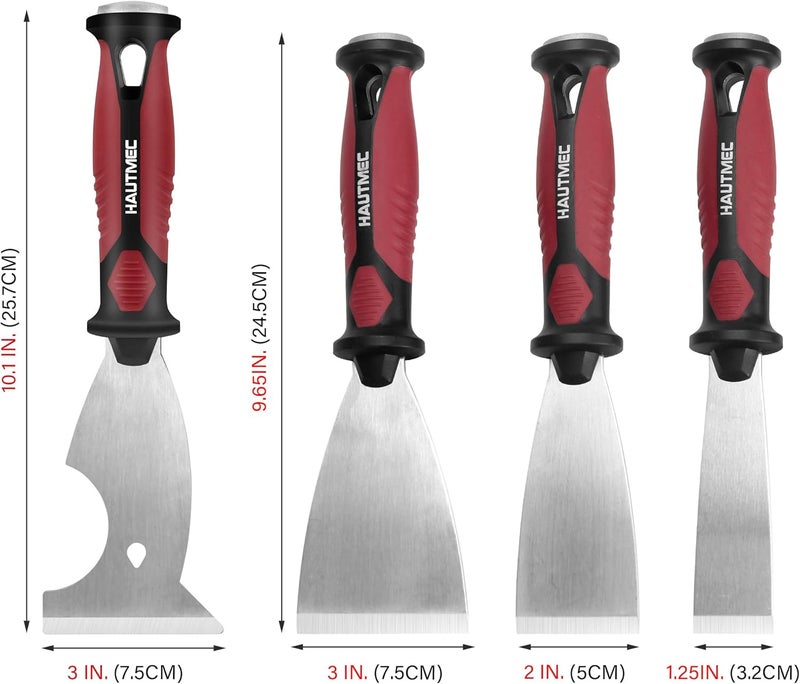 HAUTMEC مجموعة سكاكين المعجون 4 قطع، 1.25"، 2"، 3" مكشطة طلاء و 3" 8 في 1 مزيل طلاء، شفرة فولاذية مقاومة للصدأ للاستخدام الثقيل ونهاية مطرقة لإزالة ورق الجدران، الجص، الأسمنت 25060 - Image 2
