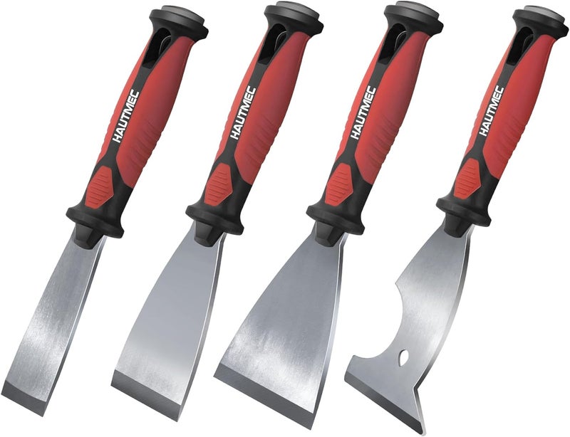 HAUTMEC مجموعة سكاكين المعجون 4 قطع، 1.25"، 2"، 3" مكشطة طلاء و 3" 8 في 1 مزيل طلاء، شفرة فولاذية مقاومة للصدأ للاستخدام الثقيل ونهاية مطرقة لإزالة ورق الجدران، الجص، الأسمنت 25060 - Image 1
