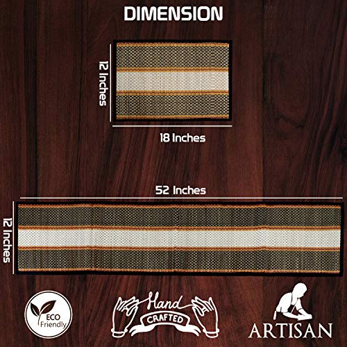 HOKIPO ® River Grass Natural Handcrafted Madur Kathi Dining Table Runner 4 Seater with Mats, Black - Set of 4 - Image 4