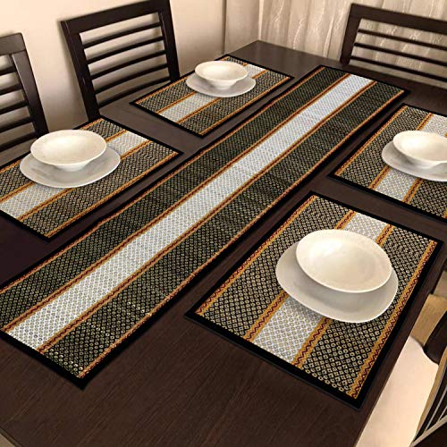 HOKIPO ® River Grass Natural Handcrafted Madur Kathi Dining Table Runner 4 Seater with Mats, Black - Set of 4 - Image 2