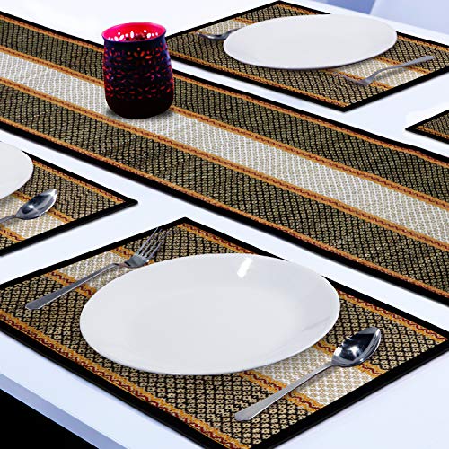 HOKIPO ® River Grass Natural Handcrafted Madur Kathi Dining Table Runner 4 Seater with Mats, Black - Set of 4 - Image 3