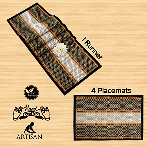 HOKIPO ® River Grass Natural Handcrafted Madur Kathi Dining Table Runner 4 Seater with Mats, Black - Set of 4 - Image 5