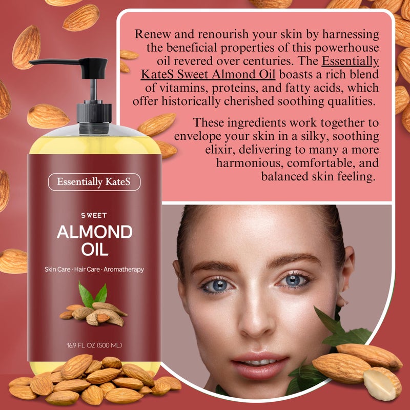 Essentially KateS Sweet Almond Oil 33.8 Fl Oz - Pack of 2 x 16.9 Fl Oz - 100% Pure and Natural - Conditioning, Moisturizing & Nourishing - No Greasy Feel - A Natural Vit. E source - Image 2