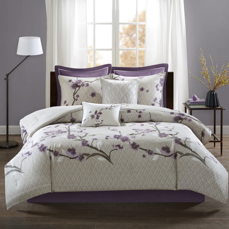madison park Madison Park Cozy Comforter Nature Scenery Design  All Season Bedding Matching Bed Skirt Decorative Pillows Holly Floral PurpleTaupe Queen90x90 8 Piece 