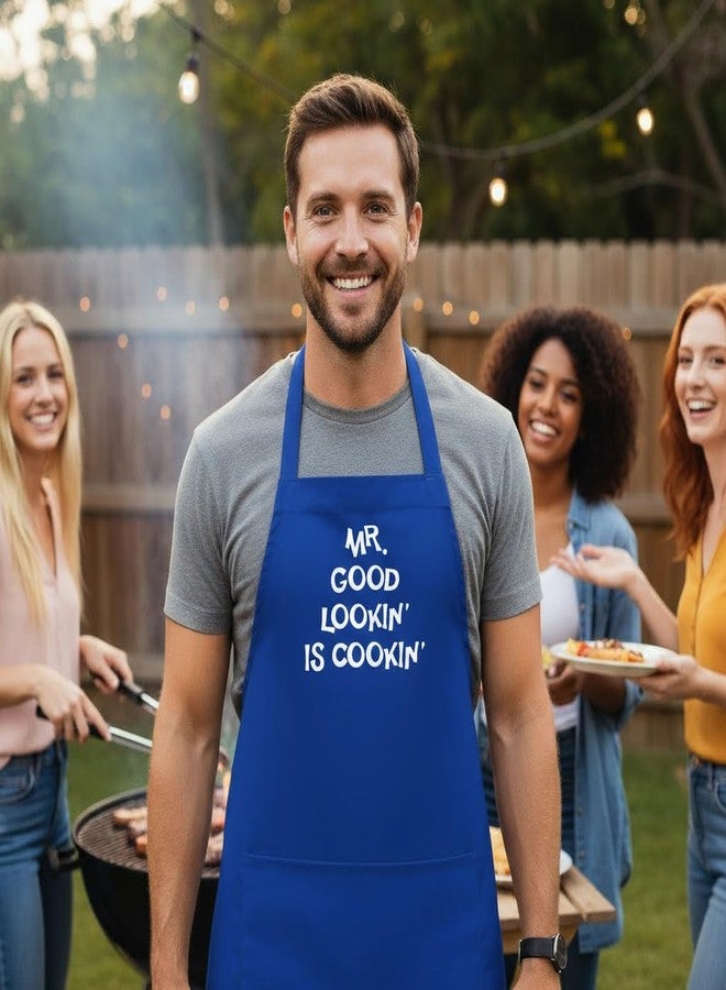 CoolAprons Mr. Good Lookin' Is Cookin' Funny Aprons For Men, Royal Blue Humorous Mens Apron, Grilling Apron For Guys - Image 2