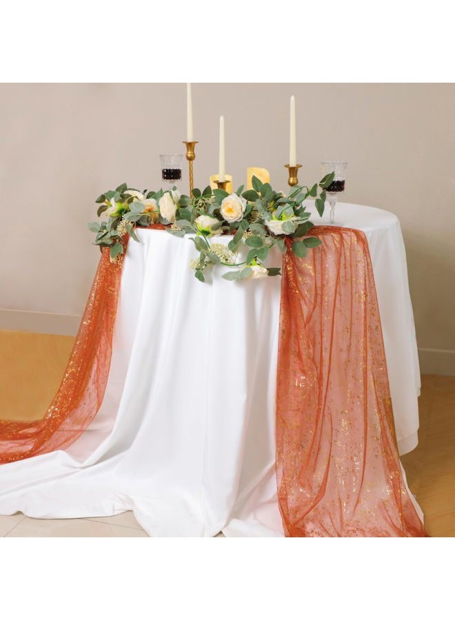 Snowkingdom 10 Ft Terracotta Gold Table Runner, Sheer Chiffon Gauze Cheesecloth Golden Sequin Metallic, Boho Rust Party Table Decorations for Fall Thanksgiving Wedding Birthday Bridal Shower - Image 3