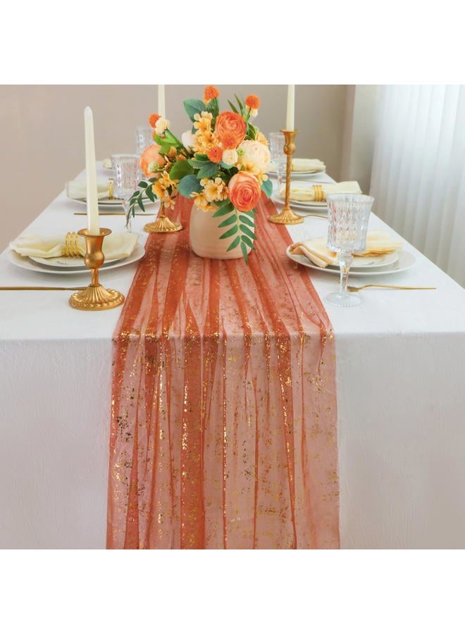 Snowkingdom 10 Ft Terracotta Gold Table Runner, Sheer Chiffon Gauze Cheesecloth Golden Sequin Metallic, Boho Rust Party Table Decorations for Fall Thanksgiving Wedding Birthday Bridal Shower - Image 2