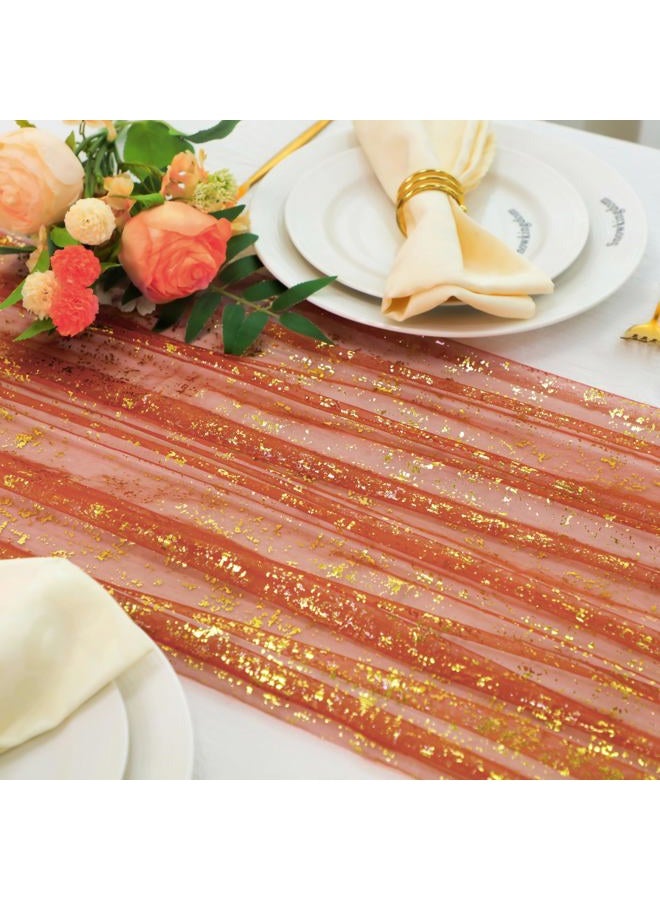 Snowkingdom 10 Ft Terracotta Gold Table Runner, Sheer Chiffon Gauze Cheesecloth Golden Sequin Metallic, Boho Rust Party Table Decorations for Fall Thanksgiving Wedding Birthday Bridal Shower - Image 1