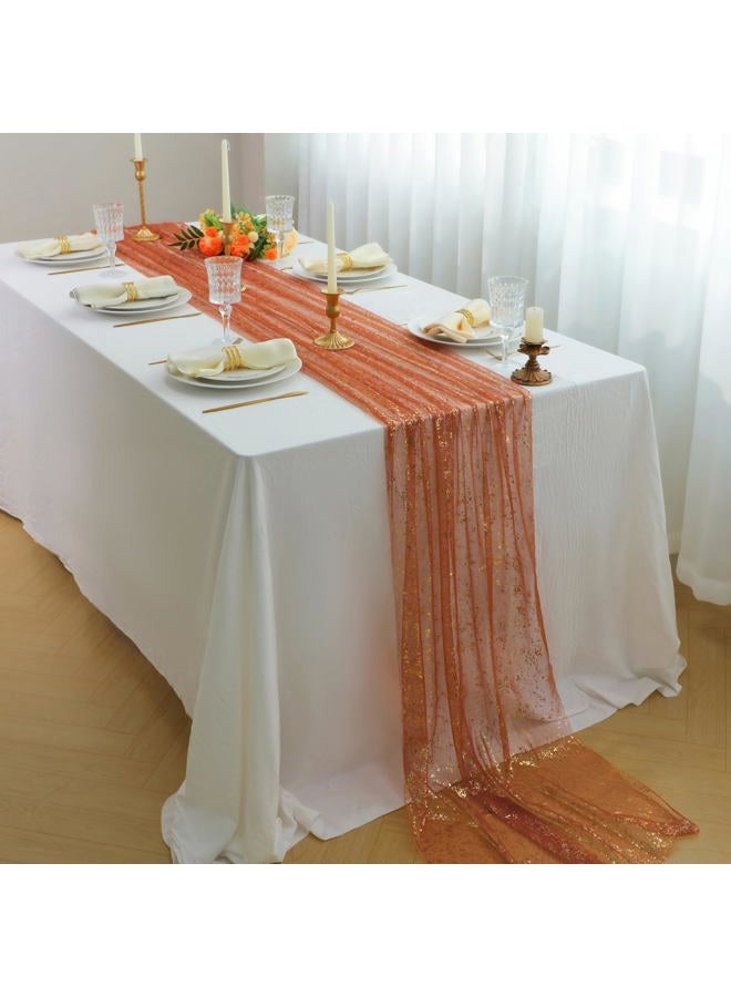 Snowkingdom 10 Ft Terracotta Gold Table Runner, Sheer Chiffon Gauze Cheesecloth Golden Sequin Metallic, Boho Rust Party Table Decorations for Fall Thanksgiving Wedding Birthday Bridal Shower - Image 5