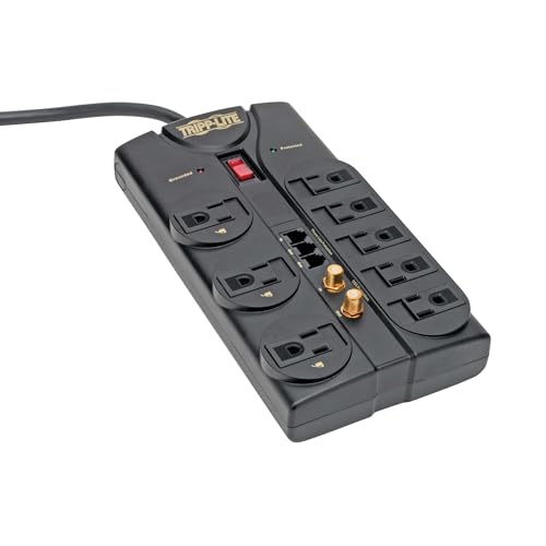 Tripp Lite 8 Outlet Surge Protector Power Strip, 8ft Cord, Right-Angle Plug, Tel/Fax/Modem/Coax Protection, RJ11, (TLP808TELTV) - Image 1
