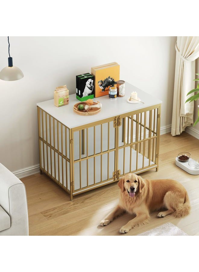 HOOBRO 38.6" Dog Crate Furniture, Wooden Indoor Dog Kennel, Decorative Dog Crate End Table, Chew-Resistant Heavy Duty Dog Crate for Small/Medium Dog, White and Gold DW100GW03 - Image 5