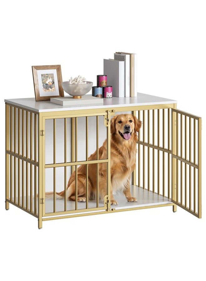 HOOBRO 38.6" Dog Crate Furniture, Wooden Indoor Dog Kennel, Decorative Dog Crate End Table, Chew-Resistant Heavy Duty Dog Crate for Small/Medium Dog, White and Gold DW100GW03 - Image 1
