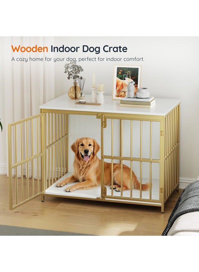 HOOBRO 38.6" Dog Crate Furniture, Wooden Indoor Dog Kennel, Decorative Dog Crate End Table, Chew-Resistant Heavy Duty Dog Crate for Small/Medium Dog, White and Gold DW100GW03 - Image 4
