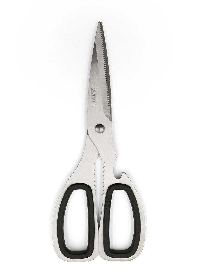 بيرام مقص مطبخ متعدد الاستخدامات من الفولاذ المقاوم للصدأ، مقاس ٨ بوصات، مقص حاد للغاية ومتين، باللونين الفضي والأسود، وشفرات مسننة فاخرة للاستخدام المنزلي والمكتبي، ولمهام التقطيع اليومية مع كسارة البندق.  - Image 2