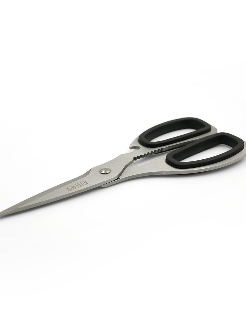 بيرام مقص مطبخ متعدد الاستخدامات من الفولاذ المقاوم للصدأ، مقاس ٨ بوصات، مقص حاد للغاية ومتين، باللونين الفضي والأسود، وشفرات مسننة فاخرة للاستخدام المنزلي والمكتبي، ولمهام التقطيع اليومية مع كسارة البندق.  - Image 1