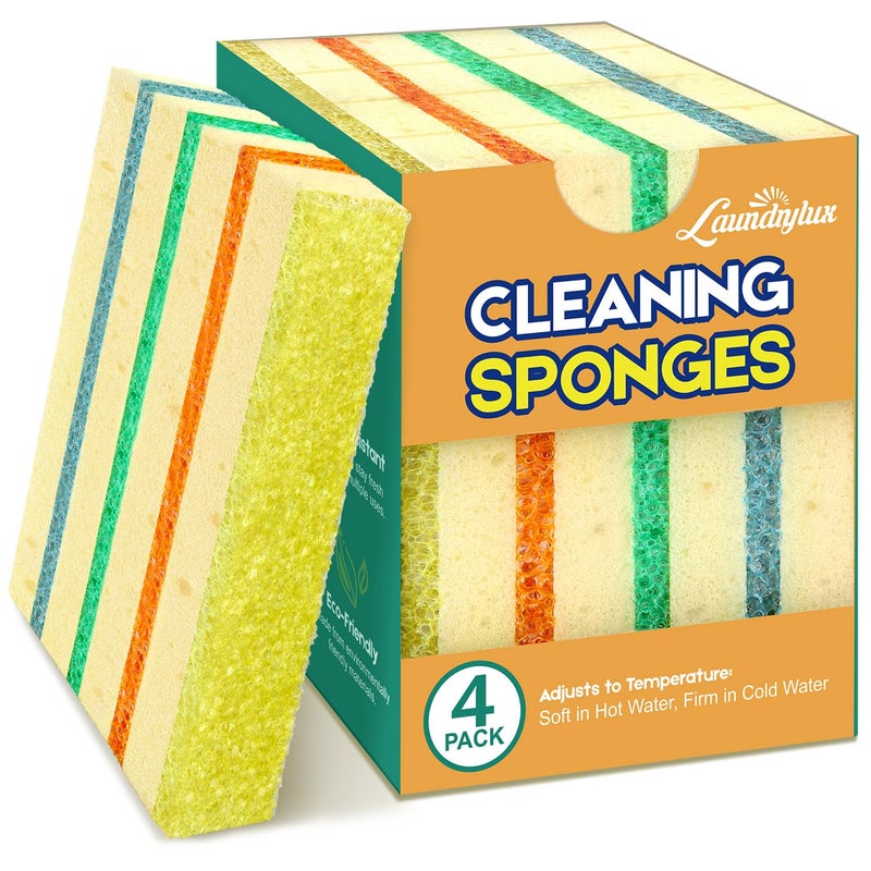 LAUNDRYLUX 4 Pack Scrub Sponge - Temperature-Responsive - 50% More Power & Rinses Cleaner Cleaning Sponges, Multipurpose Dish Sponges for Kitchens, Bathrooms, and Outdoor Use - Patent Pending - Image 1