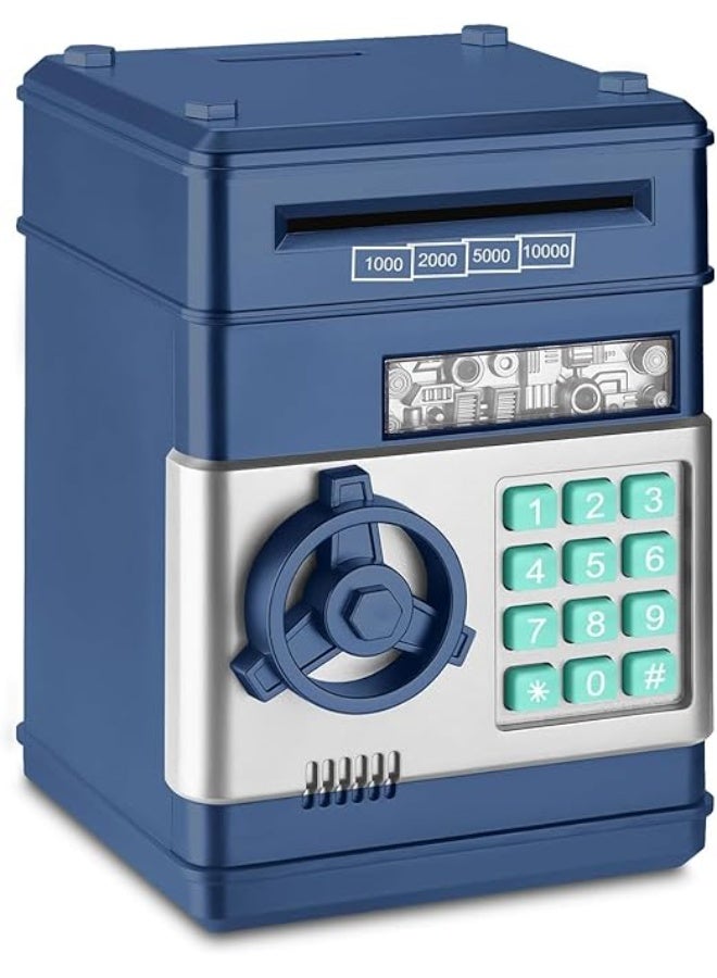 حصالة نقود صغيرة ايه تي ام خزنة امنة الكترونية بكلمة مرور للمضغ والعملات المعدنية والايداع النقدي للاطفال، ازرق