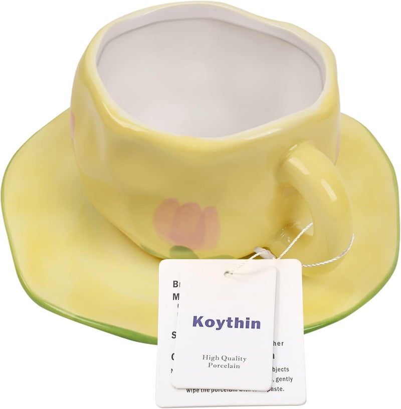 Koythin Ceramic Coffee Mug, Tulip Mug Cup for Women with Saucer for Office and Home, Dishwasher and Microwave Safe, 10 oz/300 ml for Latte Tea Milk (Tulip Flower) - Image 3