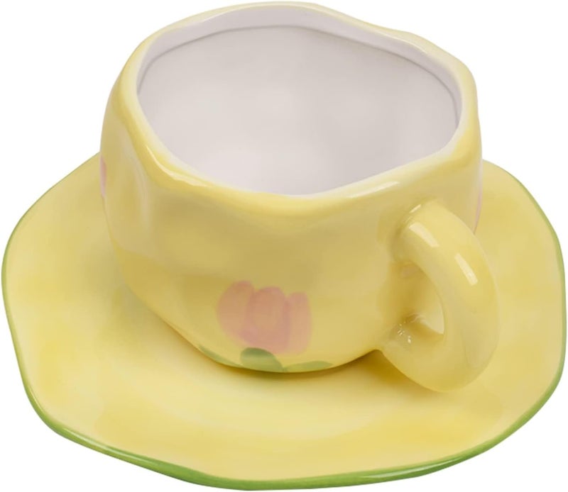 Koythin Ceramic Coffee Mug, Tulip Mug Cup for Women with Saucer for Office and Home, Dishwasher and Microwave Safe, 10 oz/300 ml for Latte Tea Milk (Tulip Flower) - Image 1