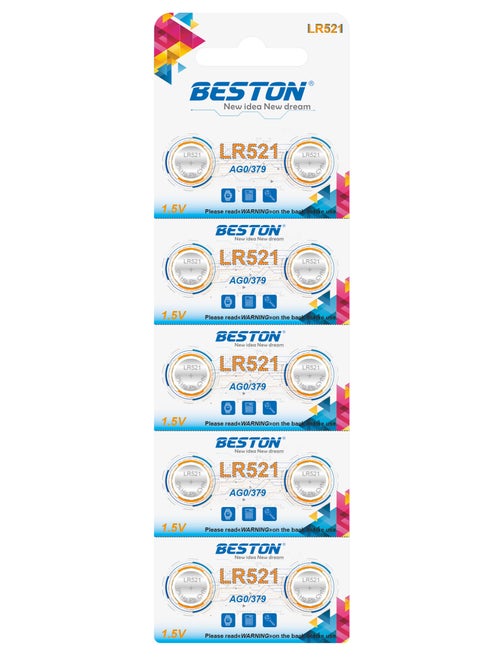 بطارية بستون ليثيوم BST-LR521 10 قطع 2*5: حزمة من عشر بطاريات ليثيوم BST-LR521، مرتبة في مجموعتين من الخمسة للراحة.