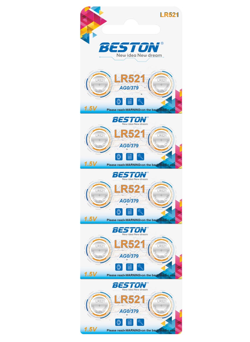 بطارية بستون ليثيوم BST-LR521 10 قطع 2*5: حزمة من عشر بطاريات ليثيوم BST-LR521، مرتبة في مجموعتين من الخمسة للراحة.
