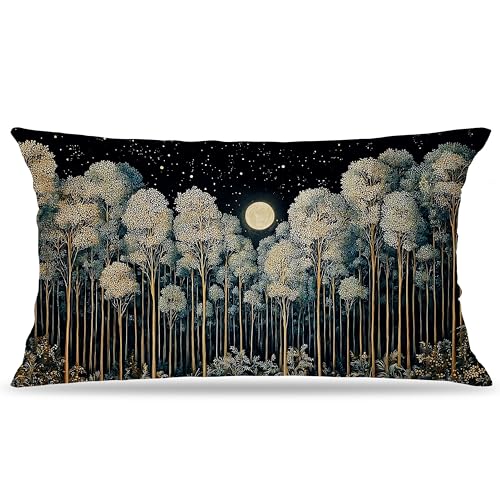 BUJSP Rustic William Morris Inspired Night Forest Green Moon Pillow Covers 12x20 Double-Sided,Vintage Botanical Nature Landscape Decorative Throw Pillow Covers for Home Bedroom Living Room - Image 1