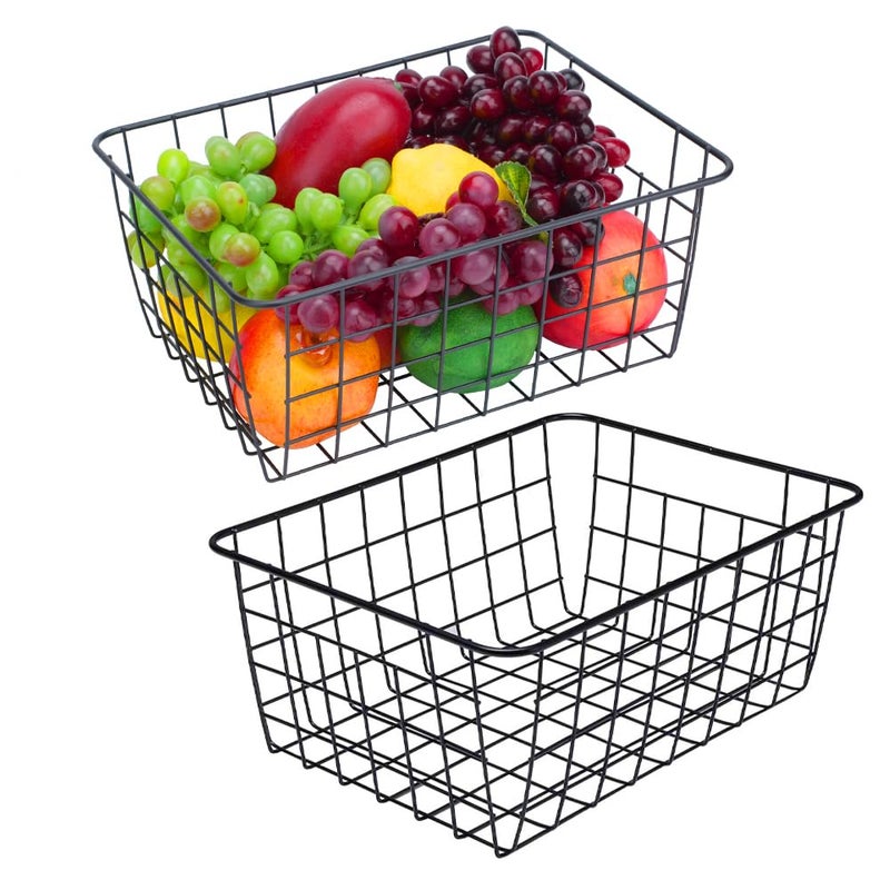 LeleCAT Wire Baskets with Handles Wire Storage Organizer Bin Baskets Pantry Closets Bedrooms  Set of 2Black