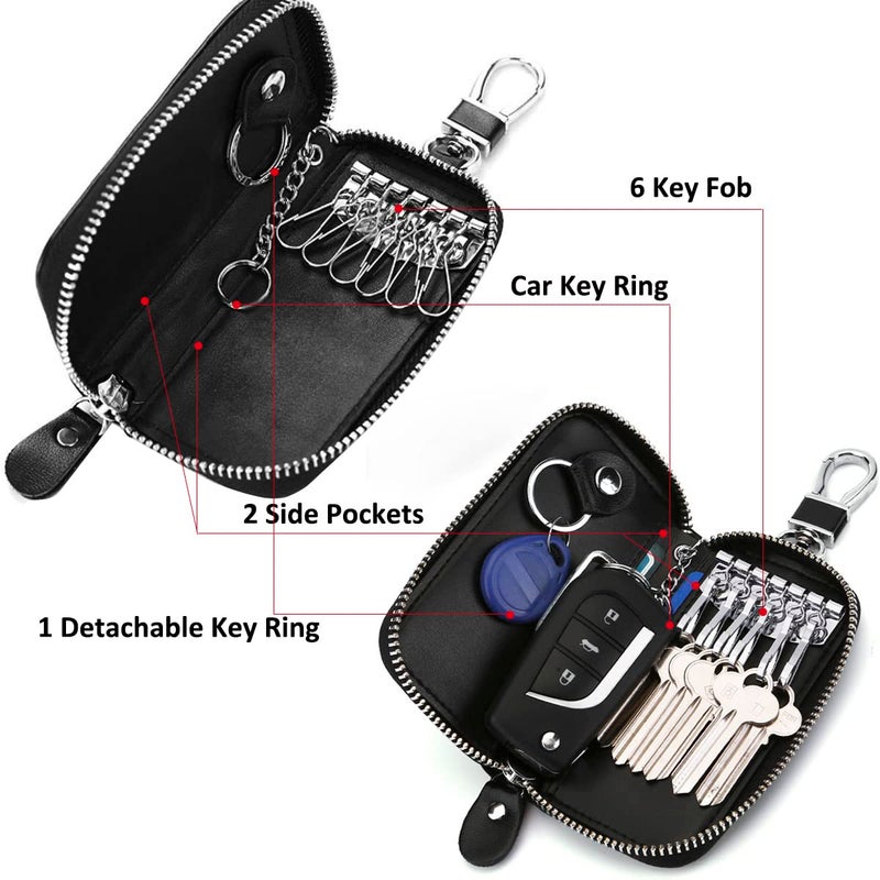 WESTONETEK WESTONETEK Unisex Mens Womens Premium Leather Car Key Holder Bag Keychain Case Wallet with 6 Hooks Zipper Closure, Black  - Image 4