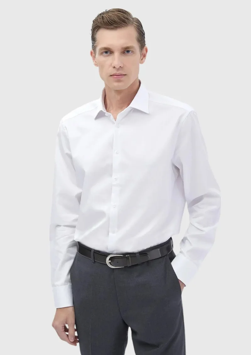 RAMSEY White Plain Regular Fit Weaving Classical 100% Cotton Shirt