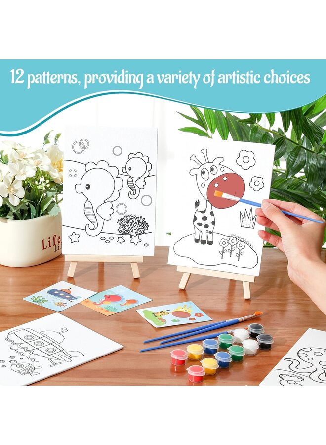 12 Sets Pre Drawn Canvas to Paint Paint Your Own Designer Canvas Set Coloring Painting Canvas Panels Pre Stenciled Canvas Boards with Paints and Brushes for Kid Adult,A - Image 3