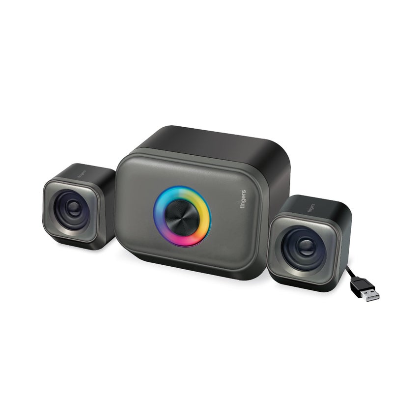 FINGERS StereoCuboid 2.1 Channel Multimedia Speaker (USB Powered | Dual Playback – Bluetooth & AUX | Dazzling RGB Lights | Powerful 13 Watts) - Rich Black + Slate Grey - Image 2