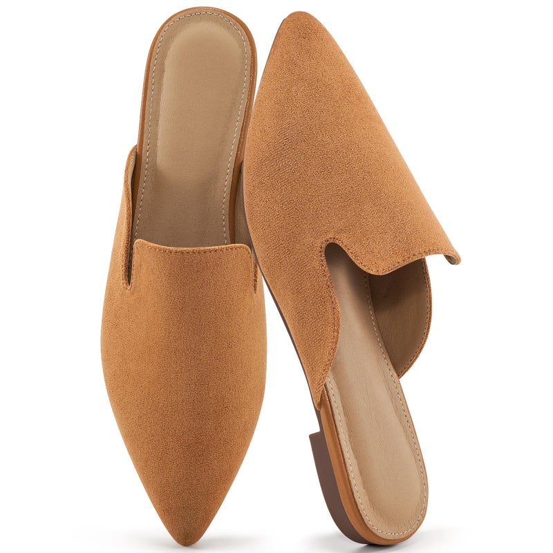 Ecetana Womens Mules Flats 2026 Pointed Toe Dressy Slip On Work Shoes for Business Comfortable Casual Slides Backless Loafers Brown - Image 1