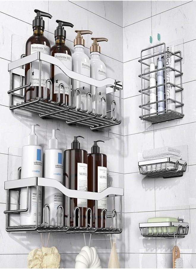 Tiokkss - Shower Caddy 5 Pack,Adhesive Shower Organizer for Bathroom Storage&Home Decor&Kitchen,No Drilling,Large Capacity,Rustproof Stainless Steel Bathroom Organizer,Shower Shelves for Inside Shower-Larger - Image 1