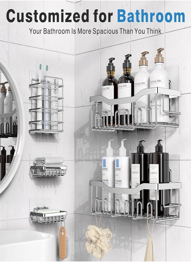 Tiokkss - Shower Caddy 5 Pack,Adhesive Shower Organizer for Bathroom Storage&Home Decor&Kitchen,No Drilling,Large Capacity,Rustproof Stainless Steel Bathroom Organizer,Shower Shelves for Inside Shower-Larger - Image 1