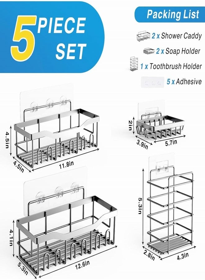 Tiokkss - Shower Caddy 5 Pack,Adhesive Shower Organizer for Bathroom Storage&Home Decor&Kitchen,No Drilling,Large Capacity,Rustproof Stainless Steel Bathroom Organizer,Shower Shelves for Inside Shower-Larger - Image 1