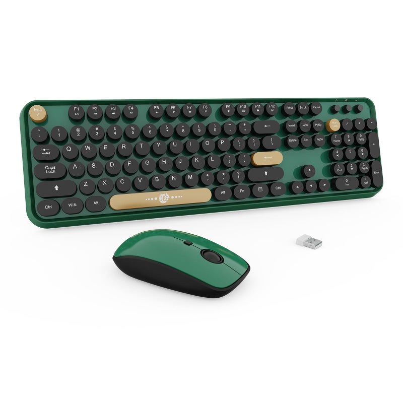 FD Wireless Keyboard and Mouse | Cute Colorful Keyboard and Mouse with 2.4GHz Cordless Retro Typewriter Keyboard | Auto-Sleep | USB Receiver for Windows PC/Laptop - Green Colorful - Image 1