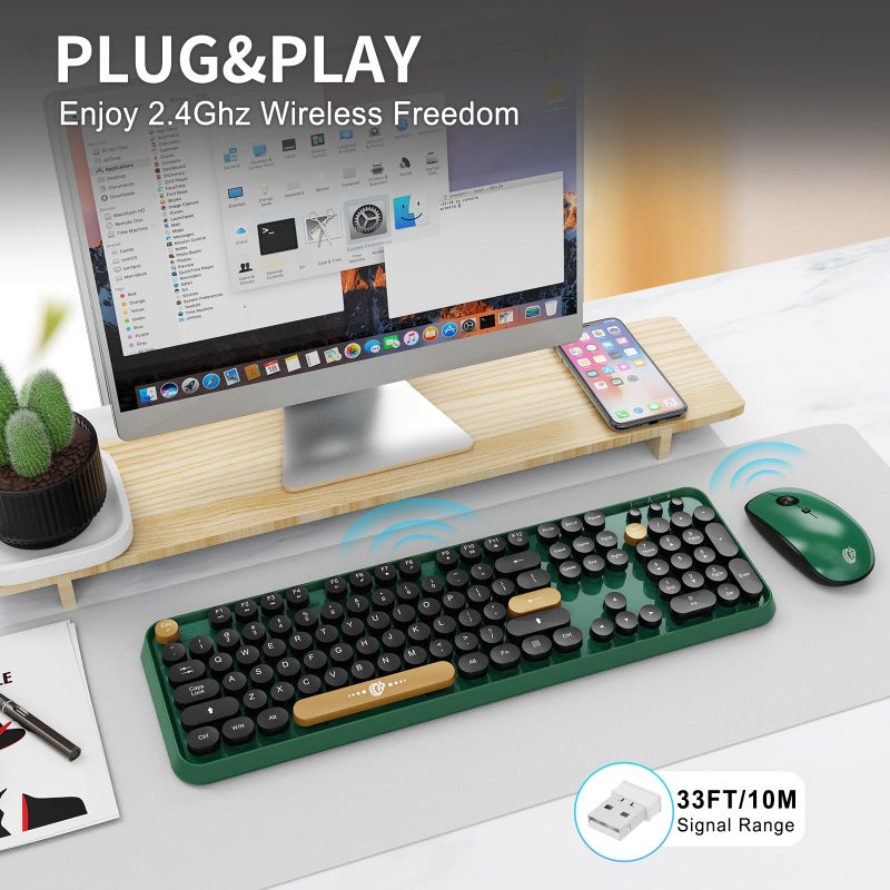 FD Wireless Keyboard and Mouse | Cute Colorful Keyboard and Mouse with 2.4GHz Cordless Retro Typewriter Keyboard | Auto-Sleep | USB Receiver for Windows PC/Laptop - Green Colorful - Image 2