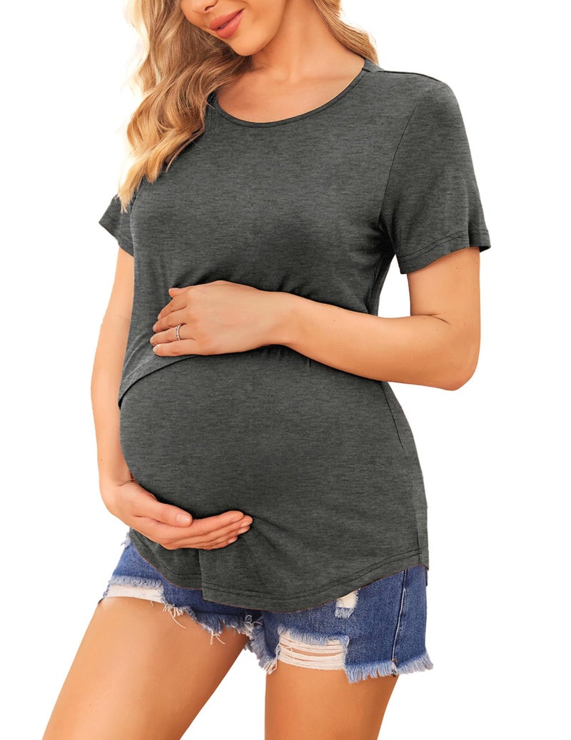 إكواير Short Sleeves Maternity Shirts Nursing Tops  Tees for Mommy Round Neck Pregnancy Loungewear Breastfeeding Outfit Tee Shirts 3 Packs M (Black + Dark Grey + Blue Green) - Image 3