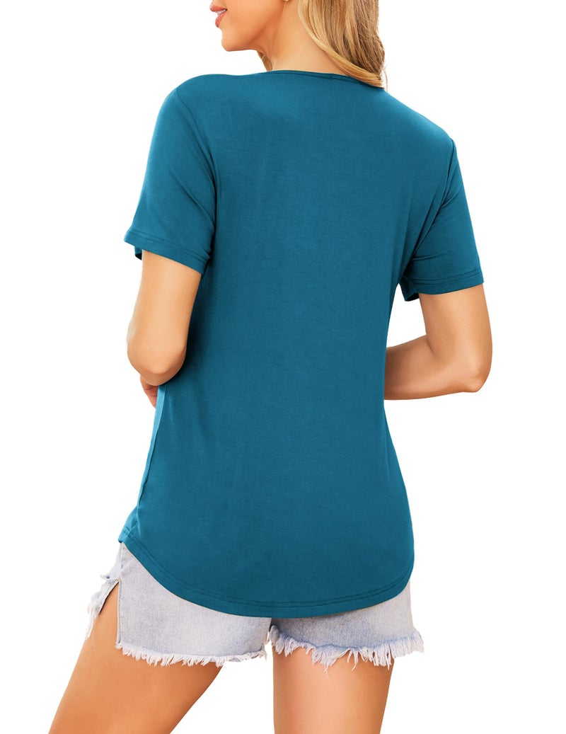 إكواير Short Sleeves Maternity Shirts Nursing Tops  Tees for Mommy Round Neck Pregnancy Loungewear Breastfeeding Outfit Tee Shirts 3 Packs M (Black + Dark Grey + Blue Green) - Image 4