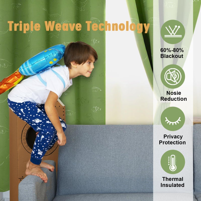 Muwago Dinosaur Curtains for Boys Bedroom, Kids Curtains Bedroom, 80% Blackout Glow in The Dark Window Drapes Treatment Grommet Thermal Insulated Noise Reducing 2PCS (52â€œ Ã— 72â€) - Image 2