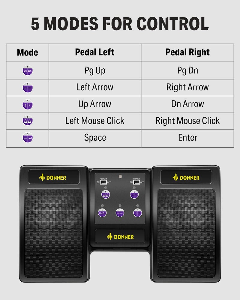 Donner Wireless Bluetooth Page Turner Pedal for iPad Tablets Phone Foot Pedal Rechargeable,Black - Image 2