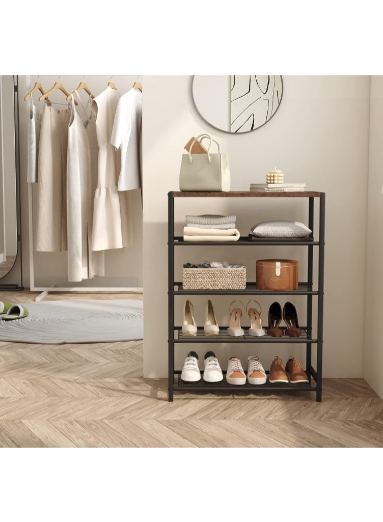 فورثكان رف أحذية من Forthcan بـ 5 طبقات لتخزين 8-12 زوجًا من الأحذية، رف أحذية للمداخل مع سطح خشبي، برج أحذية معدني بالكامل، بني ريفي (أسود) - Image 2