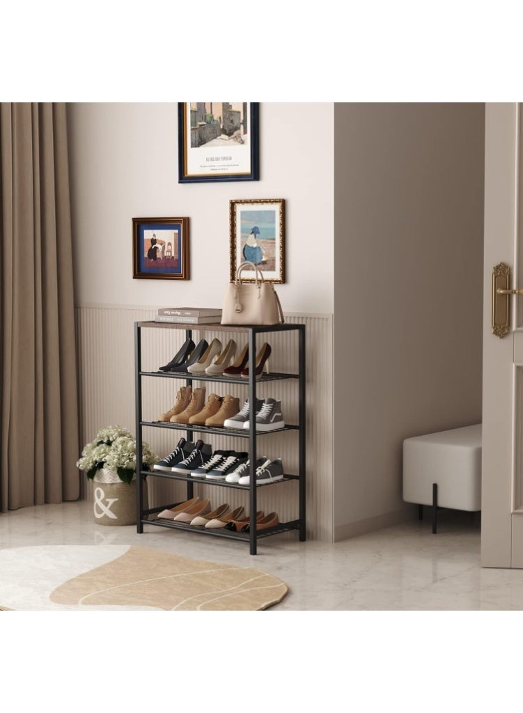 فورثكان رف أحذية من Forthcan بـ 5 طبقات لتخزين 8-12 زوجًا من الأحذية، رف أحذية للمداخل مع سطح خشبي، برج أحذية معدني بالكامل، بني ريفي (أسود) - Image 4