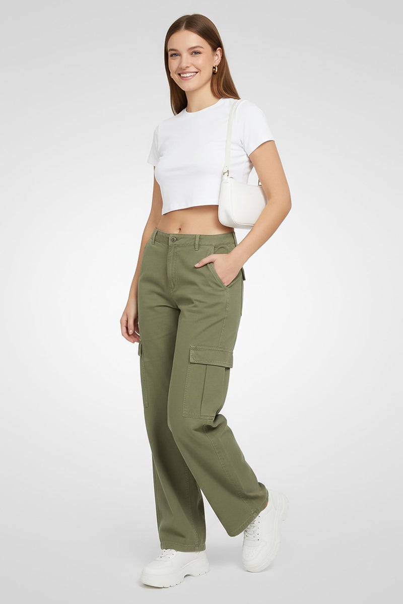 promod Women Regular Fit Wash Non-Stretchable Cargo Denim, Light Green - Image 1